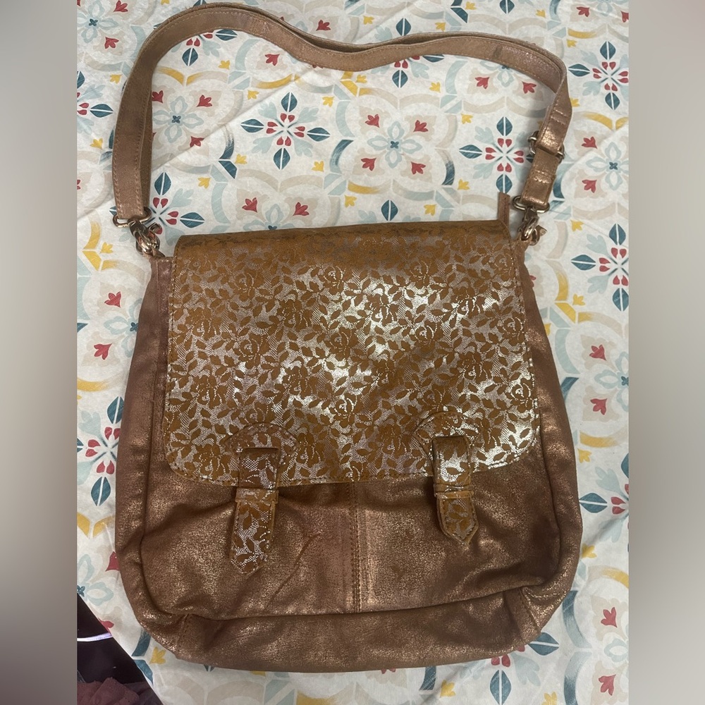 Free People Brown Genuine Leather Metallic Floral Boho Crossbody Messenger Bag